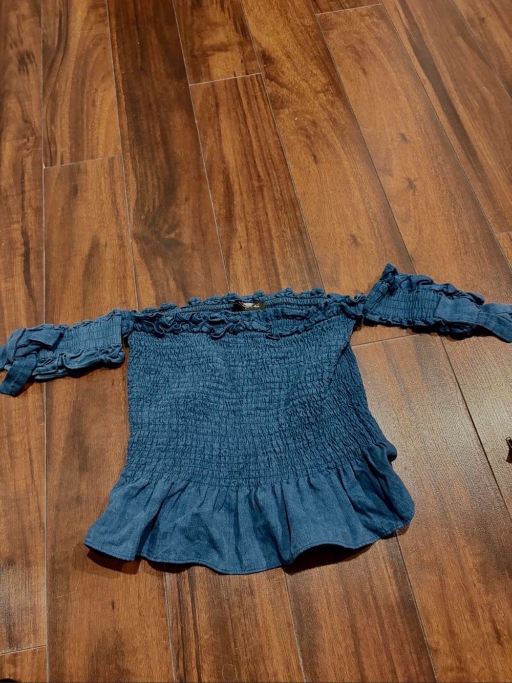 Smocked Off-Shoulder Crop Top in Navy Blue